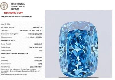 1.24 CT Cushion Modified Lab Grown Diamond For Ring IGI Fancy Vivid Blue VS2 - Image 1 of 4