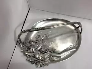 Art Nouveau Lady Relief Tray Handle Pewter EPU Etain Zinn Italy Achille Gamba - Picture 1 of 12