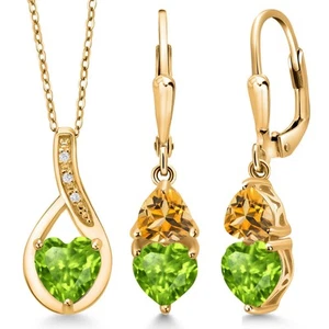 18K Yellow Gold Plated Silver Peridot and Citrine Pendant Earrings Set For - Picture 1 of 4
