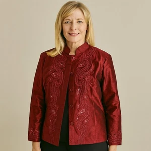 Chico's Jacket NWT Size 3 (XL) Twirling Applique Beaded Tiena Blouse Cardinal - Picture 1 of 6