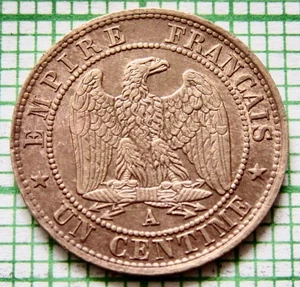 FRANCE Empire NAPOLEON III 1862 A UN 1 CENTIME, Paris Mint Small BRONZE km# 795 - Picture 1 of 6