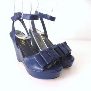 ALANNAH HILL Women's Shoes WORN ONCE Size 38.5 Navy Blue Leather Platform Wedge - Picture 1 of 11