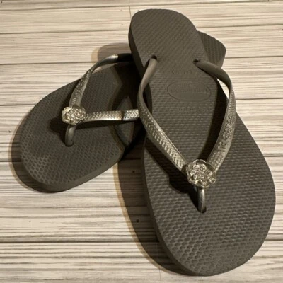 Havaianas Steel Gray Slim Flip Flops with Crystal Flower Charm Size EU 39/US 8 - Image 1 of 4