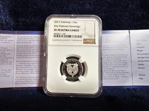 2017 Aldemey 1 Sov Platinum Sovereign first platinum PF70 Ultra Cameo #/999 - Picture 1 of 3
