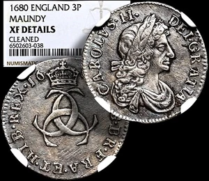 CHARLES II. / GREAT BRITAIN  1680, Æ Silver Maundy 3p Coin, NGC XF + COA GGcoins - Picture 1 of 8