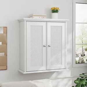 White Bathroom Cabinet Wall Mounted with Rattan Doors, Bathroom Medicine Cabinet - Picture 1 of 11