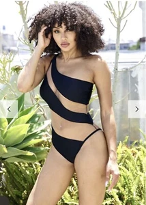 Woman's Black One Piece Swimsuit Bathing Suit See Through Mesh Waist Size L - Picture 1 of 6