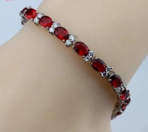 925 Sterling Silver Bracelet Lab-Created Red Garnet White Topaz Gemstones - Picture 1 of 12