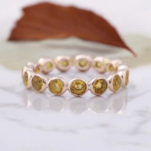 925 Sterling Silver 3MM Round Shape Natural Citrine Band Women Eternity Ring - Picture 1 of 7