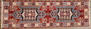 2'3 x 6'9 Alfombra Corredor de Lana Oriental Tribal Hecha a Mano Roja Azul - Imagen 1 de 10