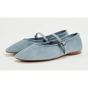 Zara Blue Suede Mary Jane Ballet Flats Buckle Straps Preppy Twee Minimal 40 9.5 - Picture 1 of 9