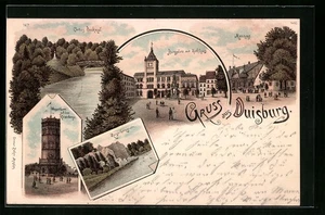 Lithographie Duisburg, Burgplatz mit Rathaus, Kaiserberggrotte 1900 - Picture 1 of 2