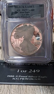 1988-S American Silver Eagle PR70 DCAM ICG Austin Hutto, President Signature  - Image 1 of 2