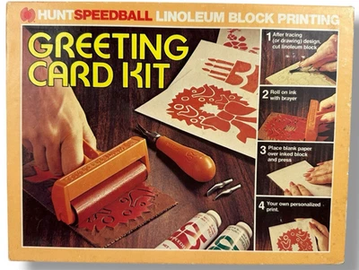 Kit de tarjetas de felicitación con impresión en bloques de linóleo Hunt Speedball vintage años 70 nuevo sellado Foto 1 de 4