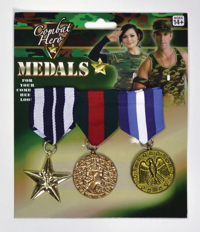 3x Réplicas de Medalhas Militares Pacote de Fantasia de Brinquedo Infantil para Fantasia do Exército Role Play - Imagem 1 de 1