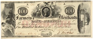 1854 100 $ Farmers & Merchants Bank of Memphis, TN veraltet - selten knackig unc! PQ+ - Bild 1 von 6
