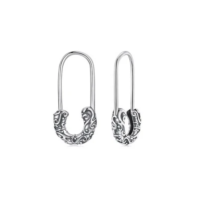 Retro Safety Pin Hoop Sterling Silver 925 Earrings F1344 - Image 1 of 4
