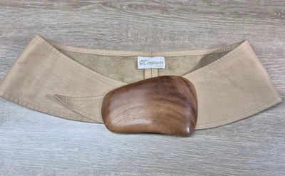 Treasures Hawaii Tan Wide Leather  Belt With Wooden Slide Buckle Size Medium-ish - Image 1 of 4