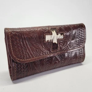 Tooled Leather Long Wallet Checkbook Haircalf Cross Basketweave Western Brown - Picture 1 of 14