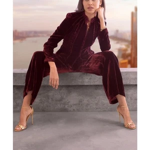 ELIE TAHARI Burgundy Plisse Velvet Embroidered Jacket Sz 14 Viscose Silk Luxury - Picture 1 of 8
