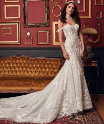Elegant Senior Mermaid Wedding off Shoulder Sleeveless Lace Applique Bridal Gown - Image 1 of 4