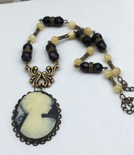 Fashion Necklace Black/Cream Cameo Carved Lady Glass MOP Brass Pendant NO OFFERS