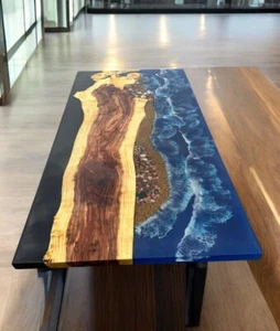 Live Edge Wood & Ocean Epoxy Resin Dining Table | Handcrafted Art Furniture - Picture 1 of 5