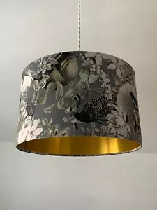 Pale Grey Velvet Peacock Botanical Brushed Gold Drum Lampshade - Picture 1 of 23