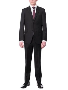 Men's Euro Slim Fit Solid Black Two Button 2 Piece 100% Wool Suit - Picture 1 of 4