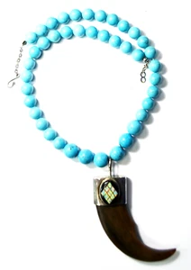 Howlite Silver Plated 7-9mm Round Bead Necklace Sterling Wood Claw Shamrock Mark - Picture 1 of 4