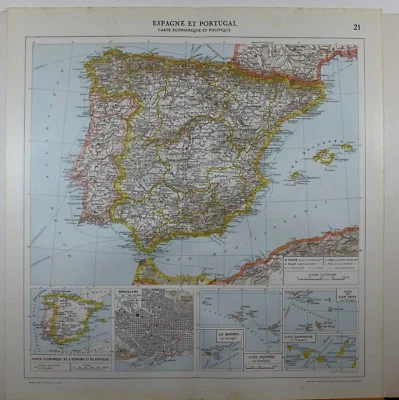 MAPA ORIGINAL 1929 ~ PLANO DA CIDADE DE BARCELONA ESPANHA E PORTUGAL ILHAS CANÁRIAS  - Imagem 1 de 4