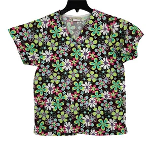 Tafford Scrub Top Size XS With Pockets Brown With Multi Color Flowers - Picture 1 of 6