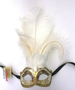 GOLD VENETIAN HALLOWEEN MASKS DECORATIVE FEATHER COSTUME MASK Made in Italy - Picture 1 of 3