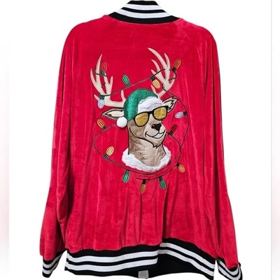 Blizzard Bay Festive Reindeer Embroidery Velour Track Jacket Full Zip Mens Large - Image 1 of 4