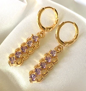 18ct Gold Filled Hoop And Drop Dangle Amethyst Earrings 50% OFF RRP +FREEGIFTBOX - Picture 1 of 4