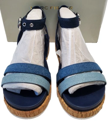 MARC FISHER ~ VERILY3 DARK BLUE + LIGHT FABRIC DENIM WOMEN'S SANDALS ~ 7.5W USA - Image 1 of 4