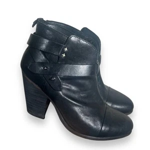 Rag & Bone Harrow Black Leather Stacked Heel Ankle Bootie Size 37 6.5/7 - Picture 1 of 8