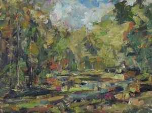Art Original Oil Painting RM Mortensen "A Small Dam" Pond Lake Bamboo Sky - Picture 1 of 1
