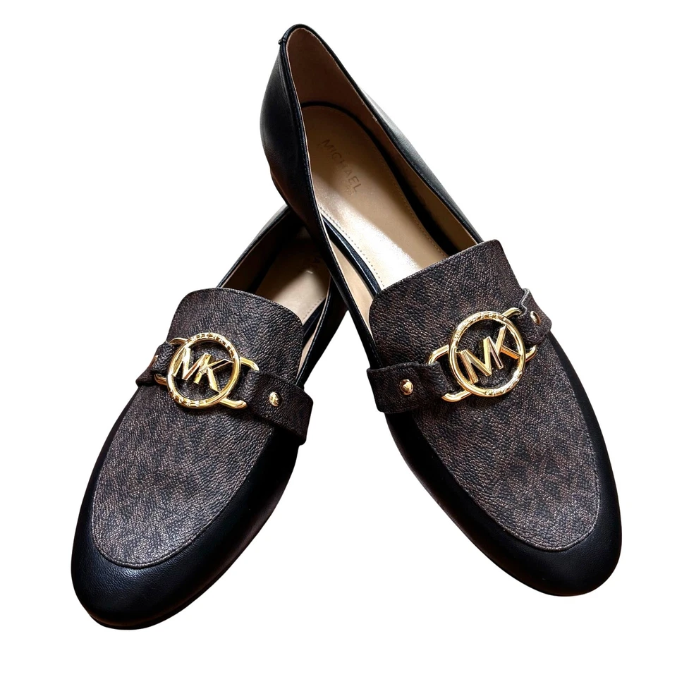 Michael Kors Rory Cuero Mocasines Zapatos Sin Cordones US 9.5M Negro Marrón Monograma Foto 1 de 4