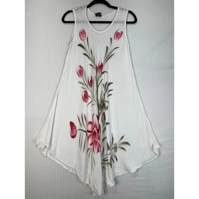 Fashion Force Embroidered White Maxi Dress Tulip  Print Free Size Cover-Up Boho - Image 1 of 4