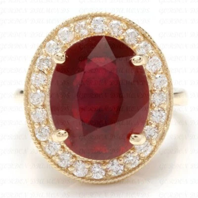 Anillo de compromiso de diamantes y rubíes naturales de corte ovalado de 8,50 quilates enchapado en oro amarillo de 18 quilates Foto 1 de 4