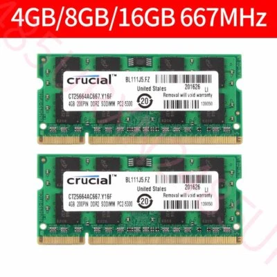 8GB 2x 4GB 2GB PC2-5300S DDR2 667MHz 200Pin SODIMM Laptop RAM For Crucial Lot UK - Image 1 of 4