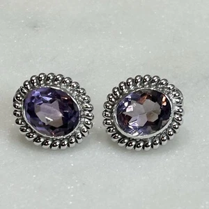 Vtg Sterling Silver Bezel Set Faceted 12mm Oval Amethyst Screw Back Earrings - Picture 1 of 8