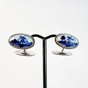 Gemelos ovalados Delft Vintage Retro Holandeses 835 Plata Azul Blanco de W. Rond - Imagen 1 de 6