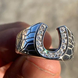 Anillo de hip hop herradura clandestina helado inundado para hombre plata esterlina 925 real - Imagen 1 de 9