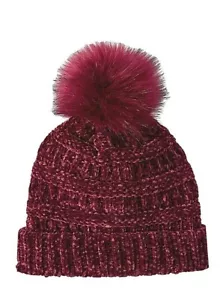 Cappello Time and Tru Texture berretto in ciniglia con finto pom nuovo con etichette maglia bordeaux taglia unica - Foto 1 di 2