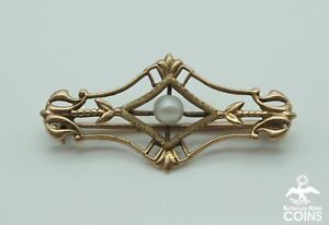 Vintage Swift & Fisher 14k Yellow-Gold Seed Pearl Art-Deco Brooch