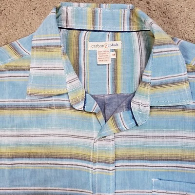 Carbon 2 Cobalt Button Shirt Mens Medium Blue Striped Short Sleeve Preppy - Image 1 of 4