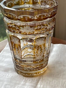 Antique Bohemian Moser Amber Art Glass engraved and Cut-to-Clear Deco Vase - Picture 1 of 13