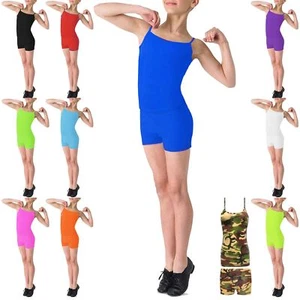 KIDS NEON LYCRA HOT PANTS VEST TOP DANCE WEAR MICROFIBER SHORTS GYM PARTY 5-12 - Picture 1 of 12